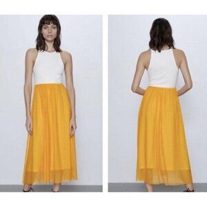 Zara Dress Womens Medium White Golden Yellow Pleated Combo Midi Flowy Boho